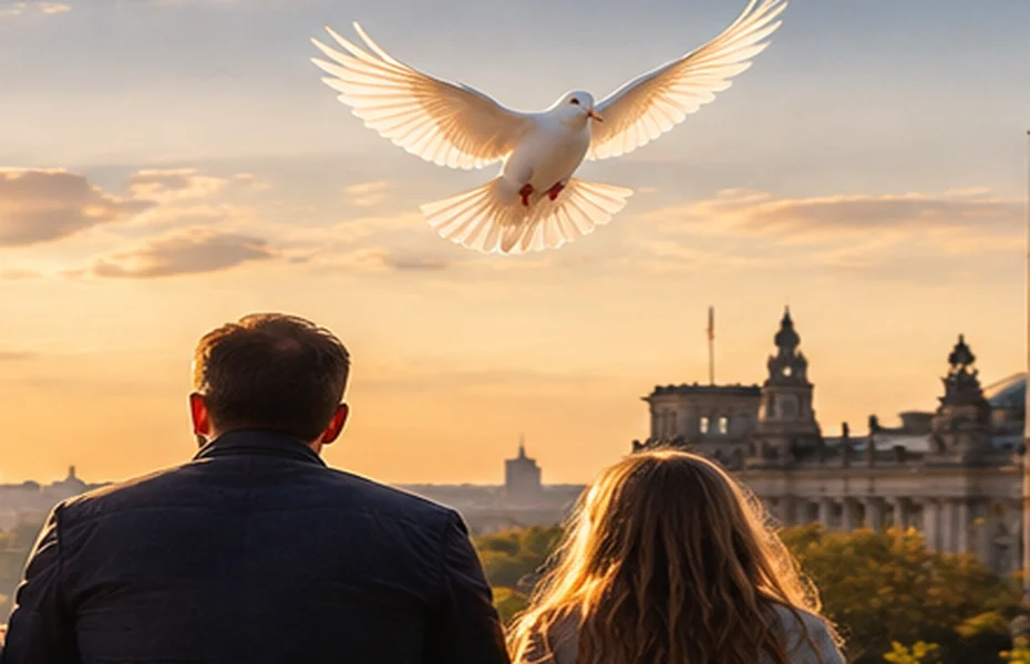 Weiße Friedenstaube vor einem Himmel, symbolische Illustration